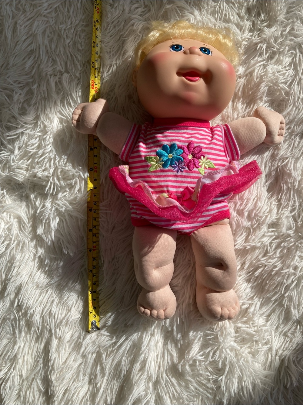 2015 Plush Pink Striped Baby Doll with Floral Embroidery - Unbranded